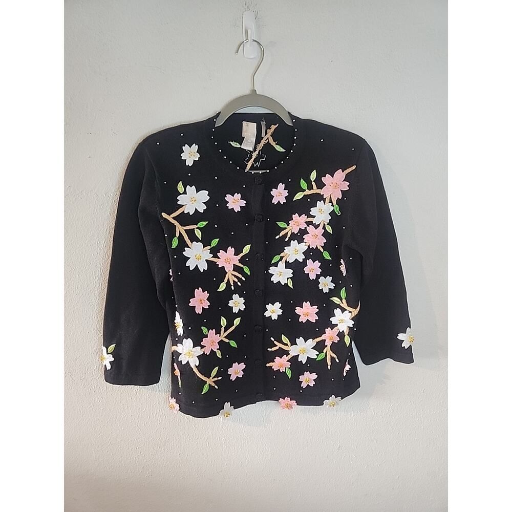 Berek Long Sleeve Button Down Floral Beaded Cardigan Sweater Petite Medium M